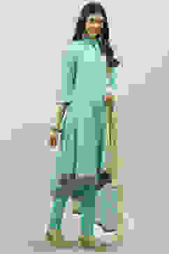 Aqua Cotton Asymmetric Kurta Churidar Suit Set image number 6