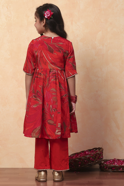 Red Polyester Printed Gathered Suit Set image number 4