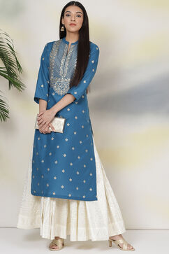 Blue Art Silk Straight Kurta image number 4