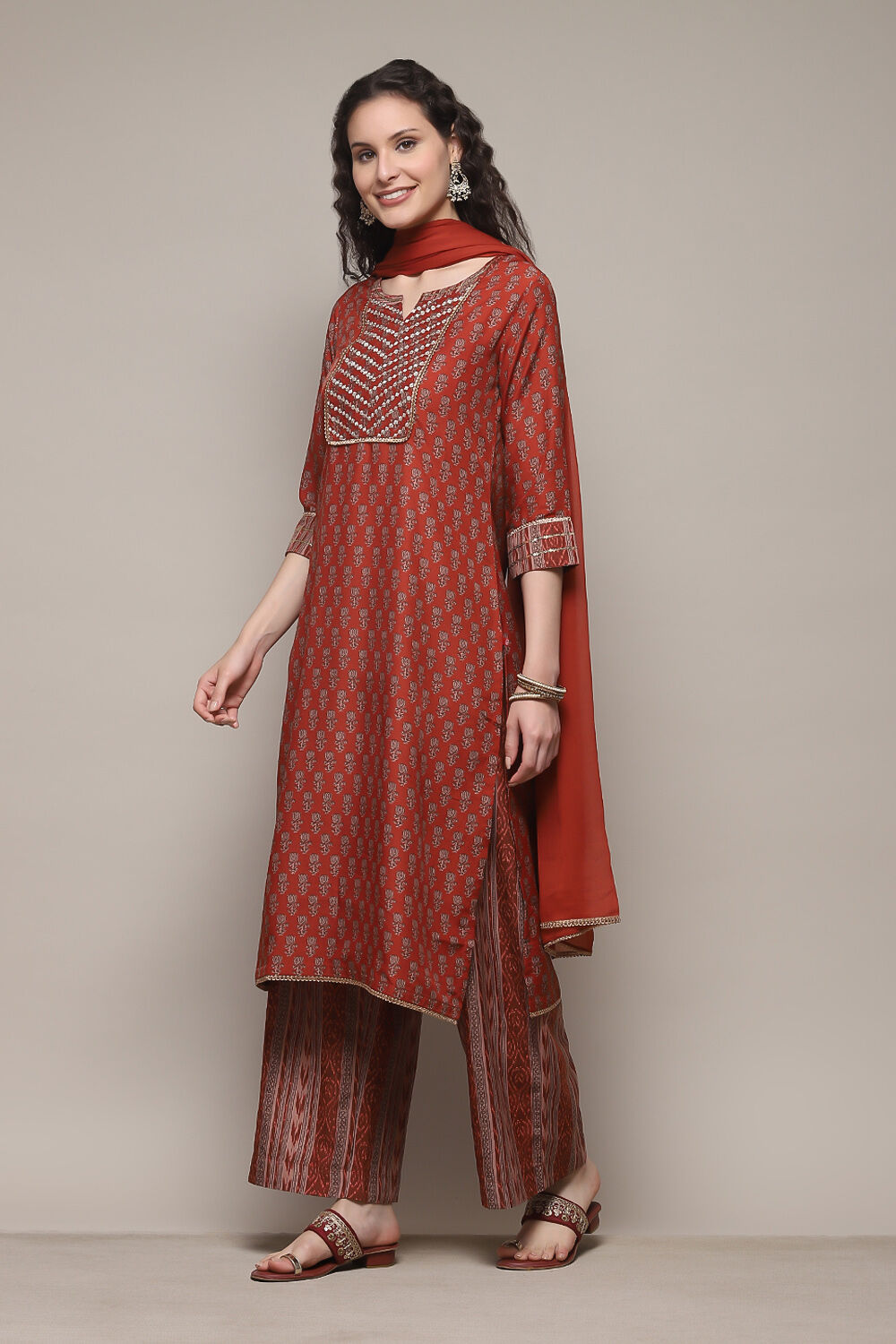 Teracota Poly Chiffon Straight Printed Kurta Palazzo Suit Set image number 5