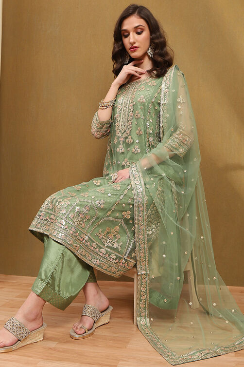 Green Net Embroidered Festive Kalidar Suit Set image number 0