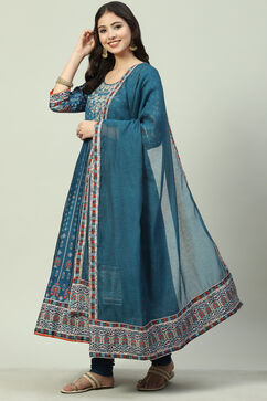 Teal Cotton Anarkali Kurta Churidar Suit Set image number 5