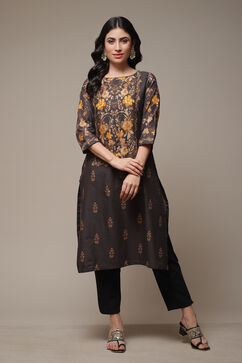 Black Cotton Straight Printed Kurta image number 1