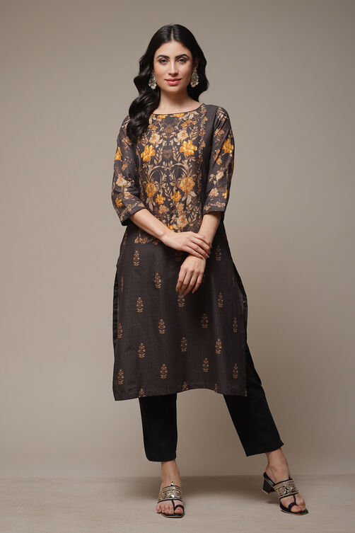 Black Cotton Straight Printed Kurta image number 1