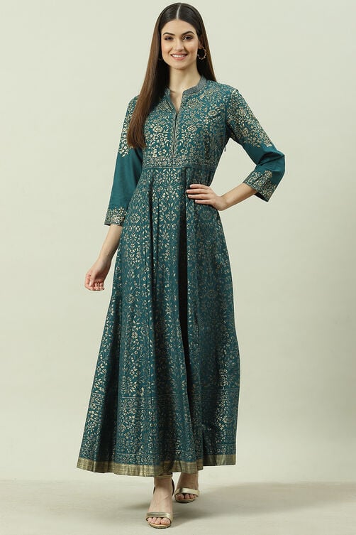 Teal Cotton Flared Printed Dress image number 5