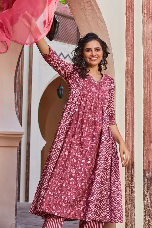 Onion Pink Cotton Gathered Kurta Palazzo Suit Set image number 0