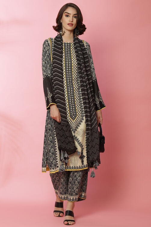 Black And Off White Straight Viscose Printed Kurta image number 5