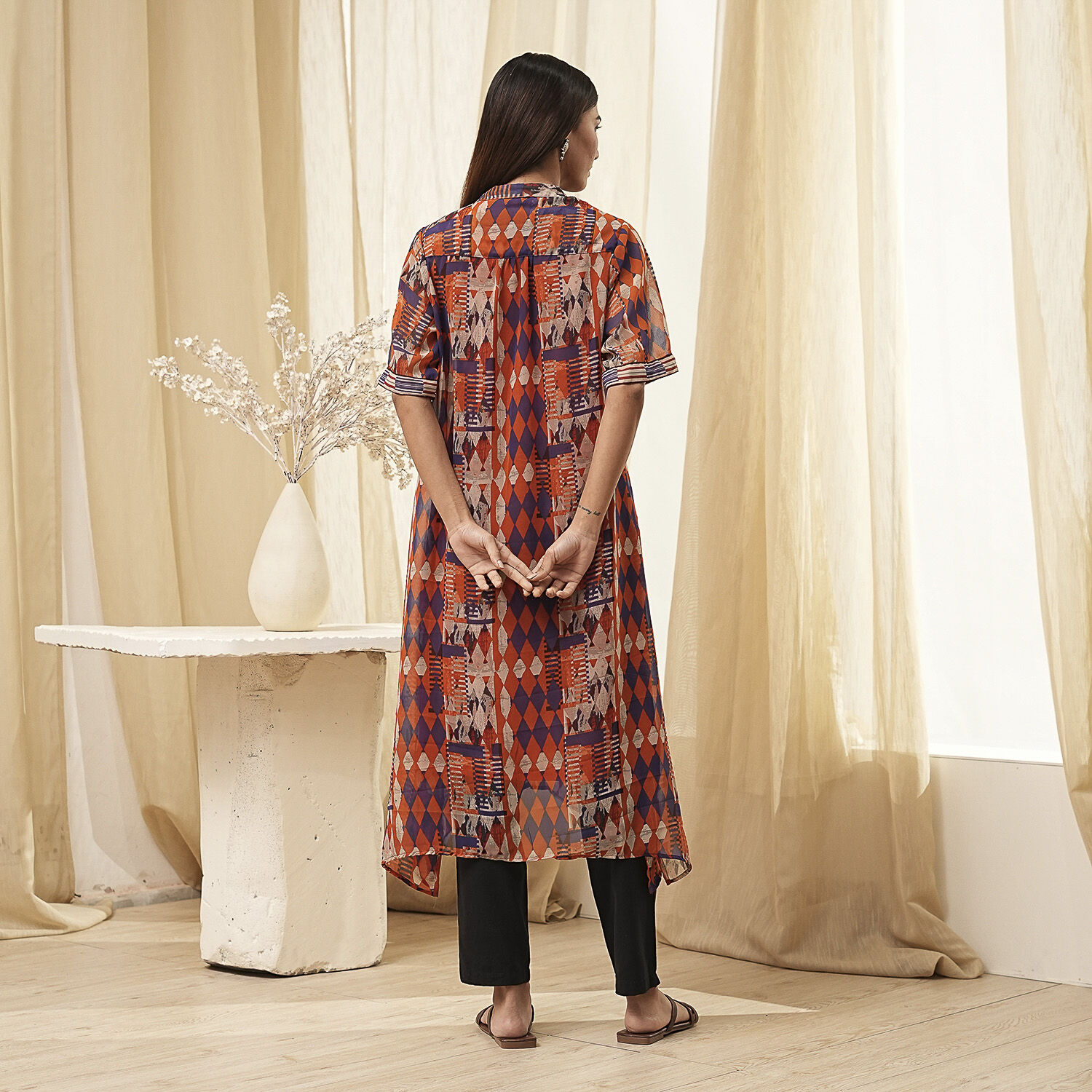 Orange Printed Shirt-Style Straight Kurta image number 3