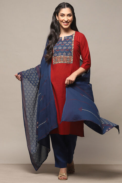 Maroon Cotton Unstitched Suit Set image number 1
