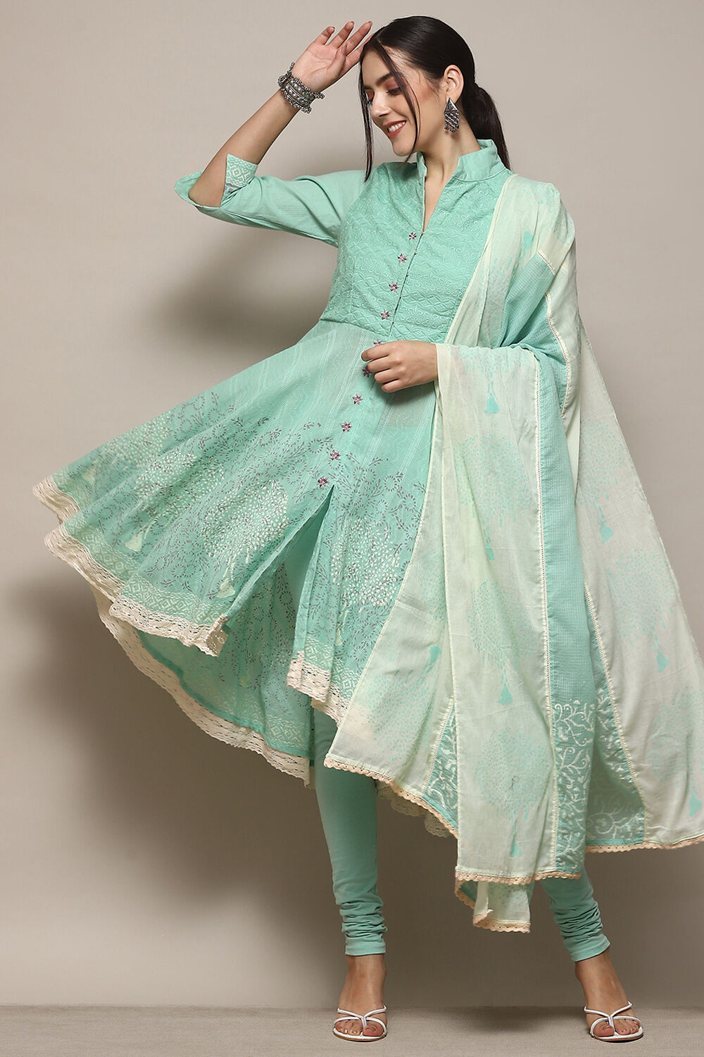 Turquoise Cotton Anarkali Solid Kurta Churidar Suit Set image number 0