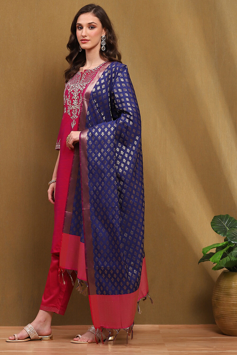 Magenta Floral Embroidered Festive Straight Suit Set image number 3