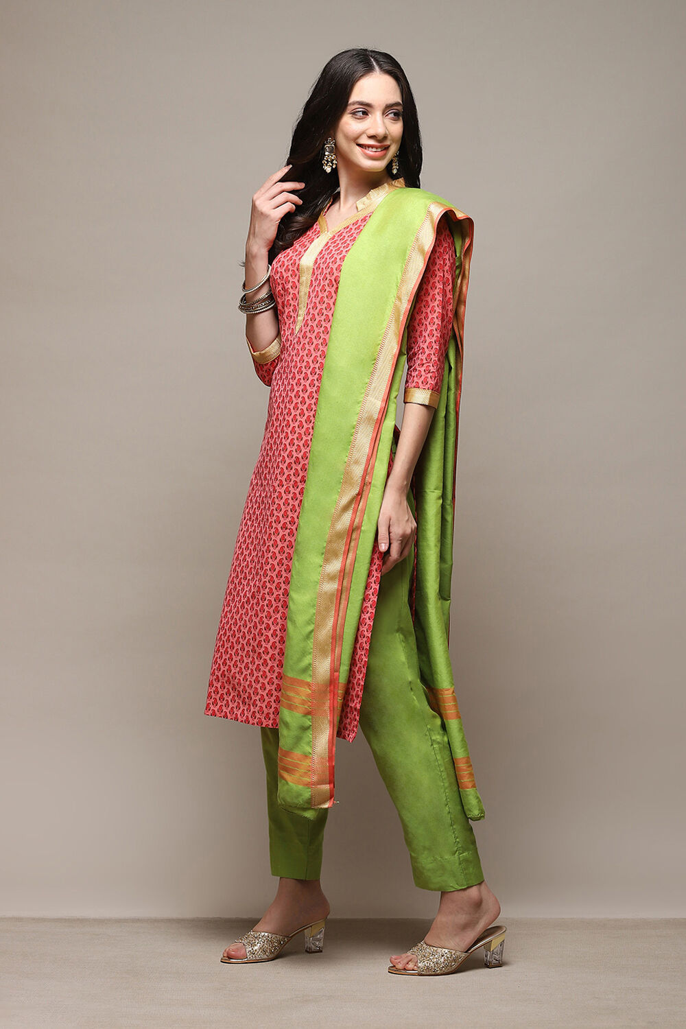 Pink Cotton Handloom Unstitched Suit Set image number 6