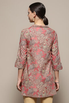 Rust Cotton Floral Printed A-Line Shirt Style Kurti image number 4