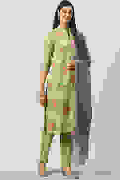 Olive Green Straight Kurta Regular Pants Suit Set image number 0