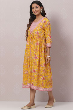 Mustard Cotton Flared Printed Kurta Dress With Shrug image number 5