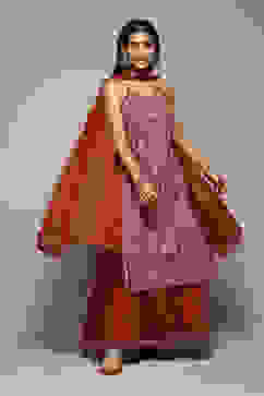 Red Cotton Straight Printed Kurta Sharara Suit Set image number 7