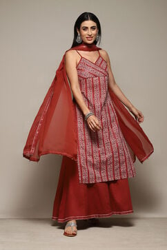 Red Cotton Straight Printed Kurta Sharara Suit Set image number 7