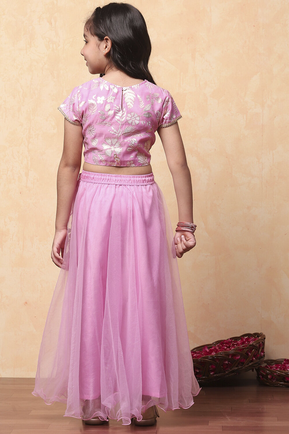 Pink Poly Chanderi Floral Festive Flared Lehenga Set image number 4