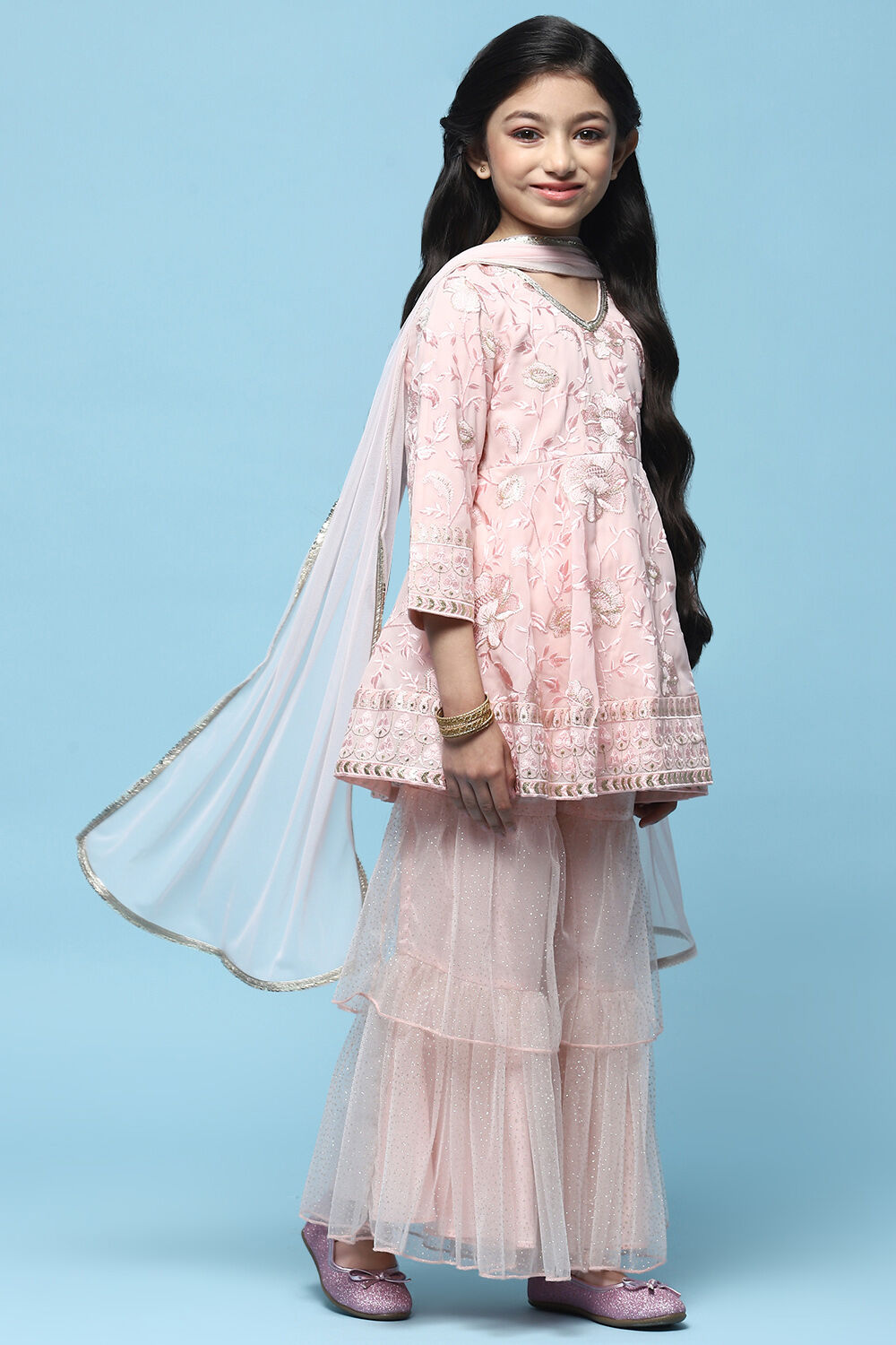 Pink Embroidered Georgette Peplum Sharara Suit Set image number 6