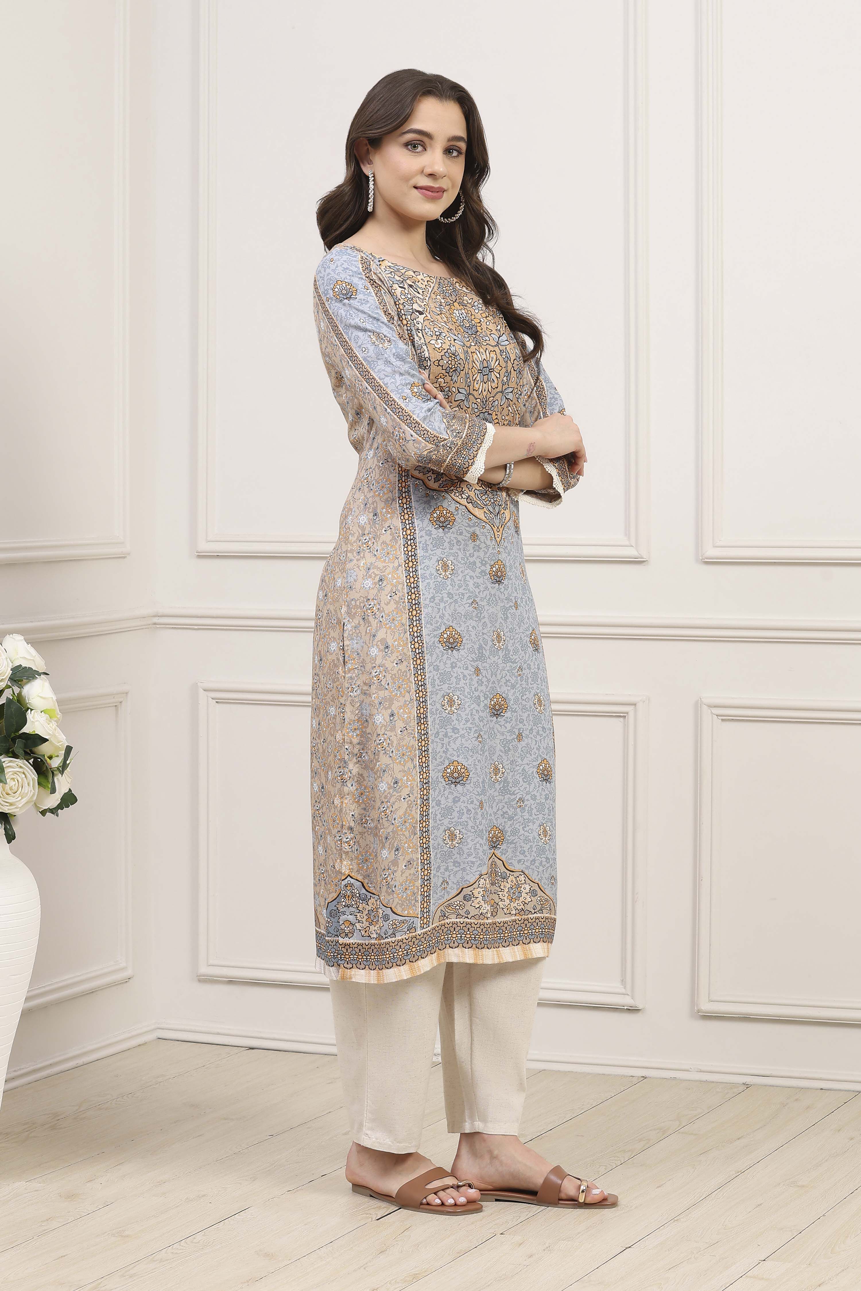 Beige Viscose Straight Kurta image number 4