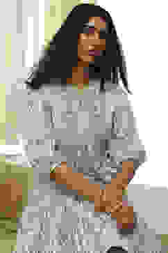 Blue Cotton Floral Printed Tiered Dress image number 6