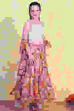 Off-White and Pink Printed Flared Lehenga Set image number 4
