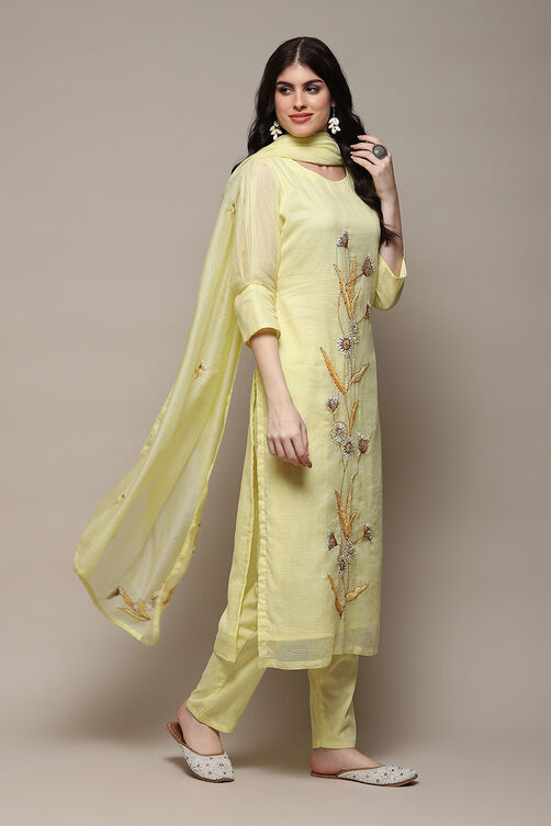 Yellow Cotton Blend Printed Unstitched Suit Set image number 7