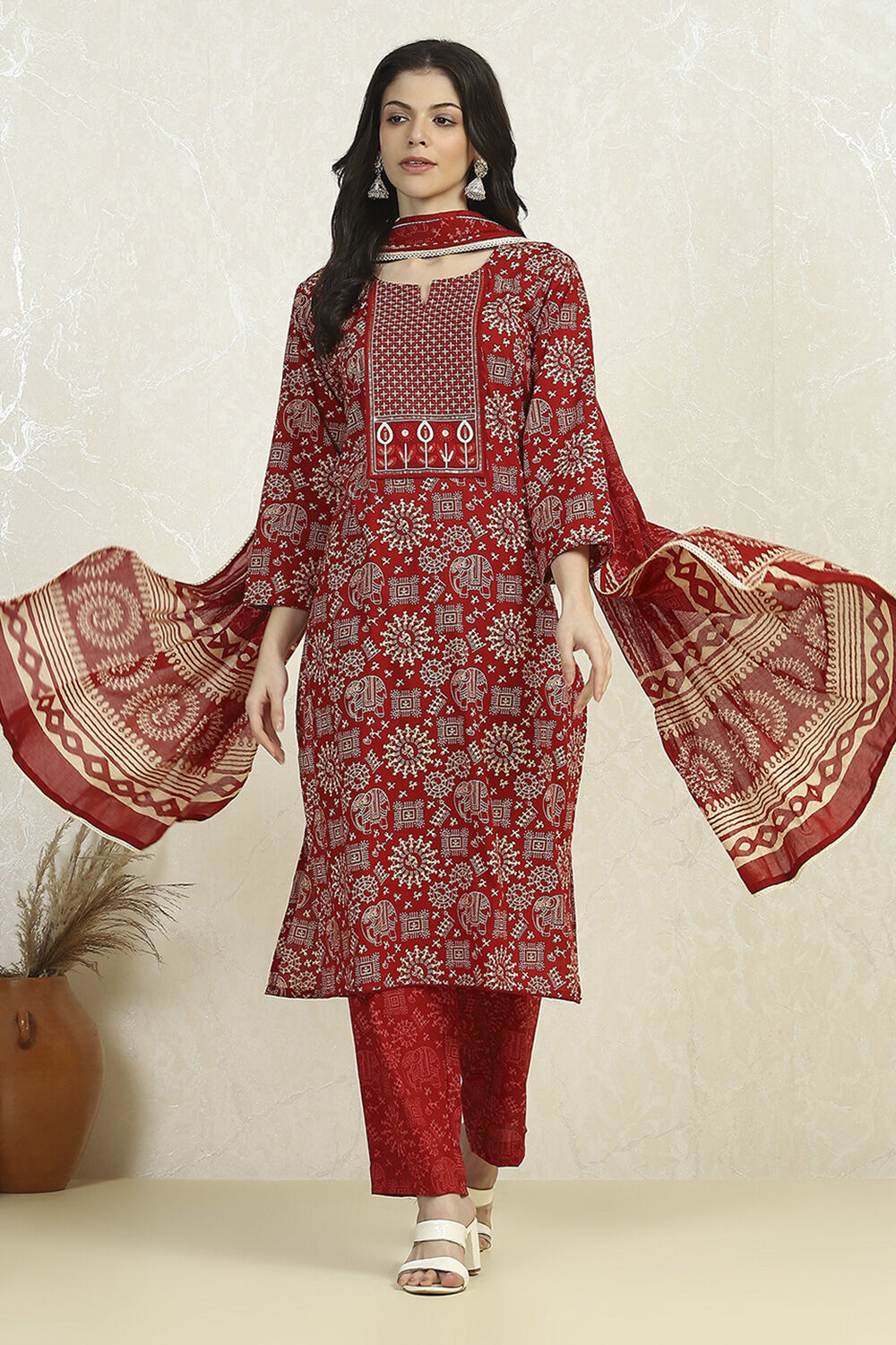 Red Cotton Printed Embroidered Unstitched Suit Set image number 1