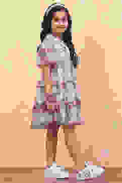 Beige Dobby Net Floral Ruffled Flared Tiered Dress image number 4