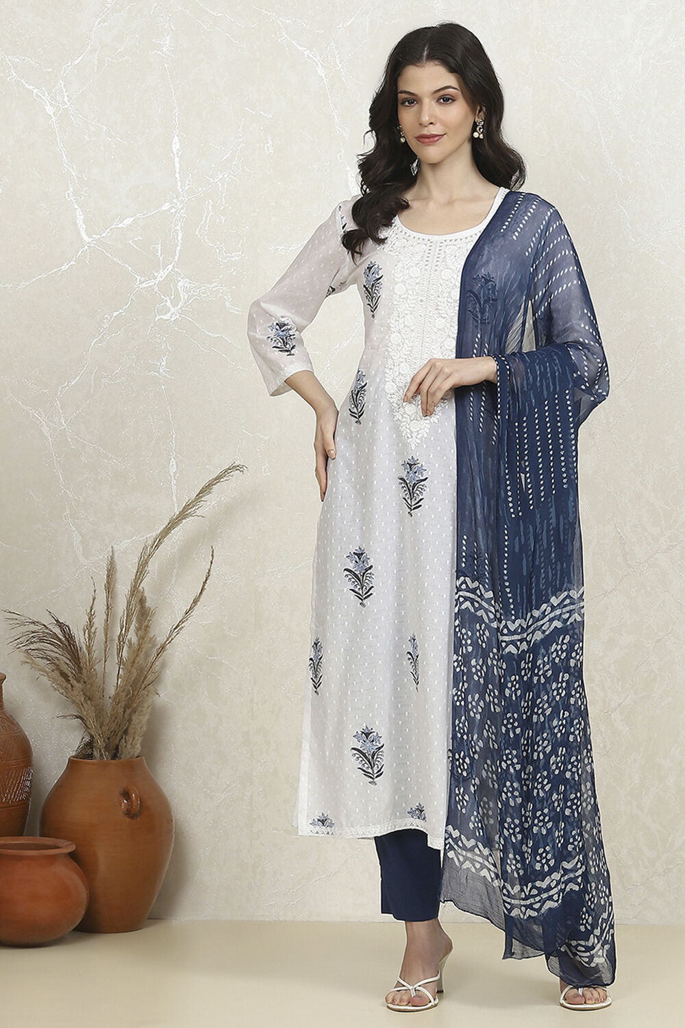 Indigo Cotton Hand Block Print Unstitched Suit Set image number 7