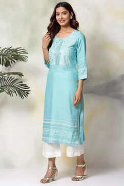 Blue Rayon Straight Kurta Palazzo Suit Set image number 3