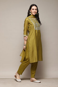 Lime Green Rayon Straight Embroidery Kurta Slim Pant Suit Set image number 6