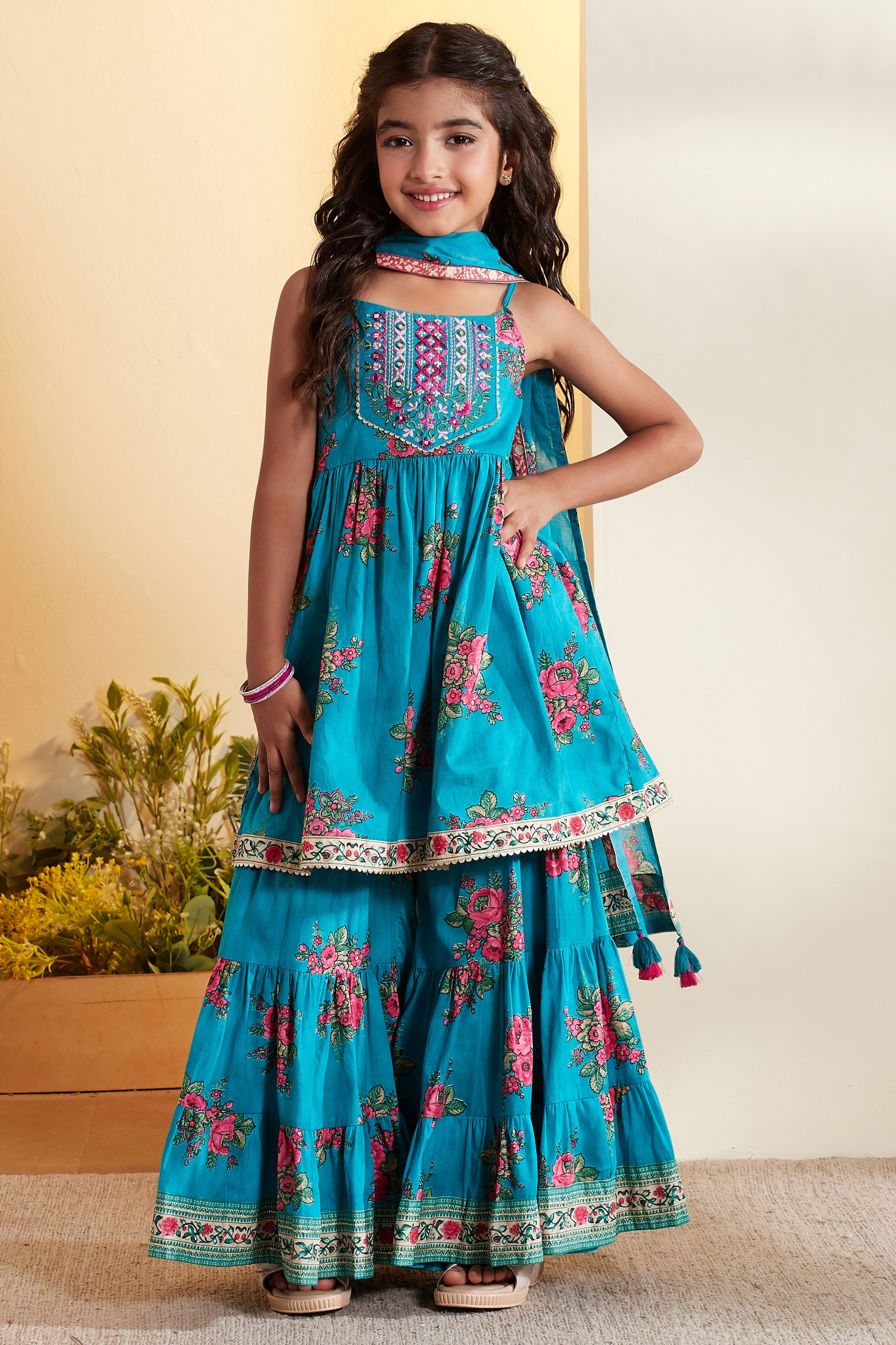 Blue Cotton Floral Printed Peplum Garara Kurta Set image number 0