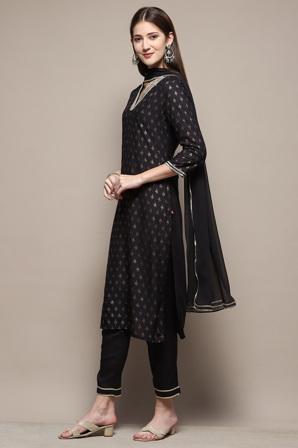 Black Rayon Straight Kurta Pant Suit Set image number 4