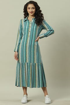 Blue Rayon Flared Printed Dress image number 5