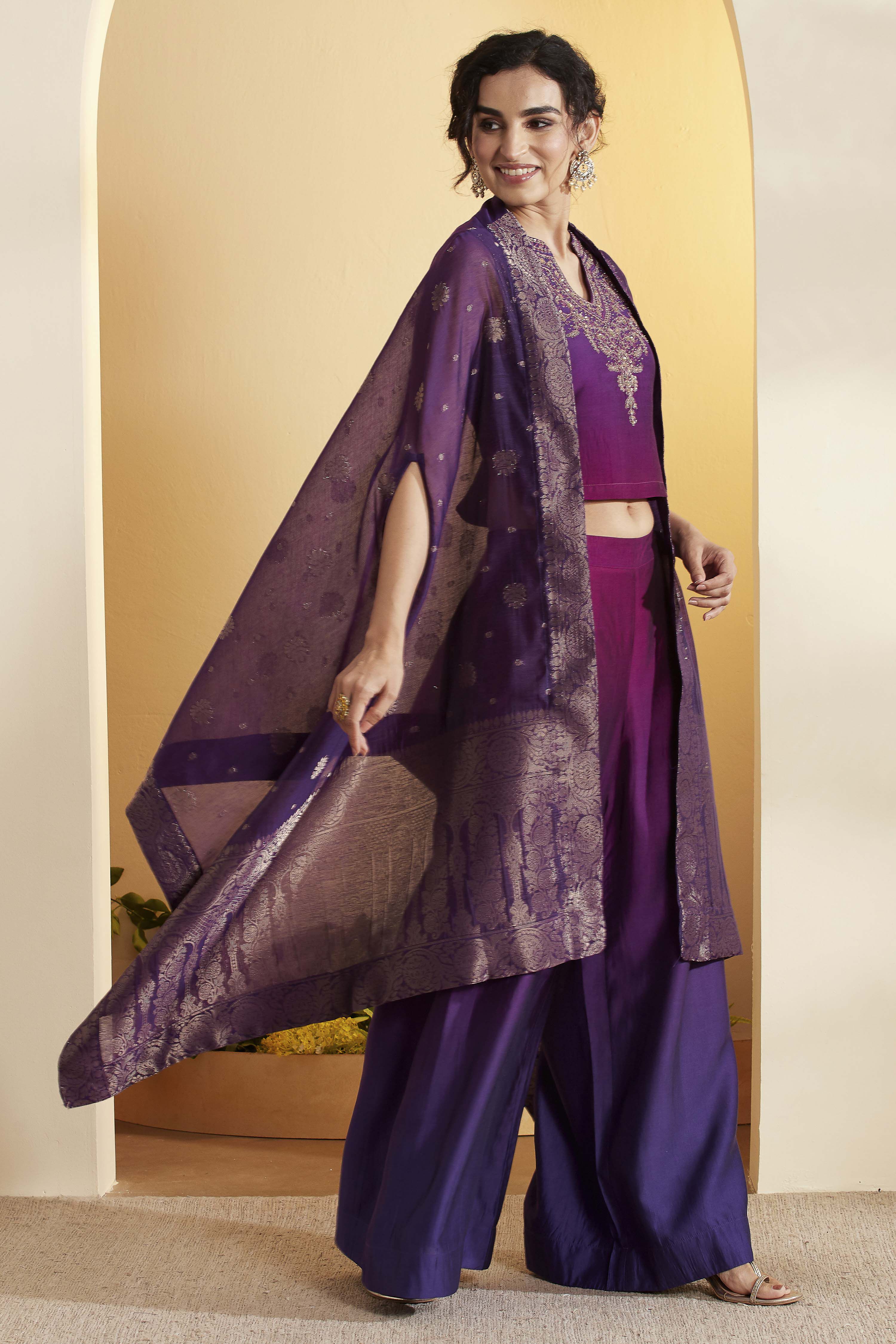 Purple Royal Silk Yoke Design Fusion Set image number 4