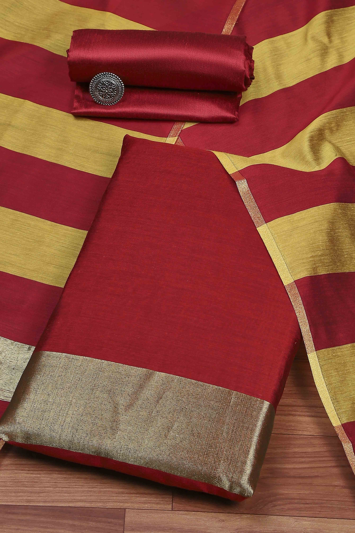 Red Cotton Printed Embroidered Unstitched Suit Set