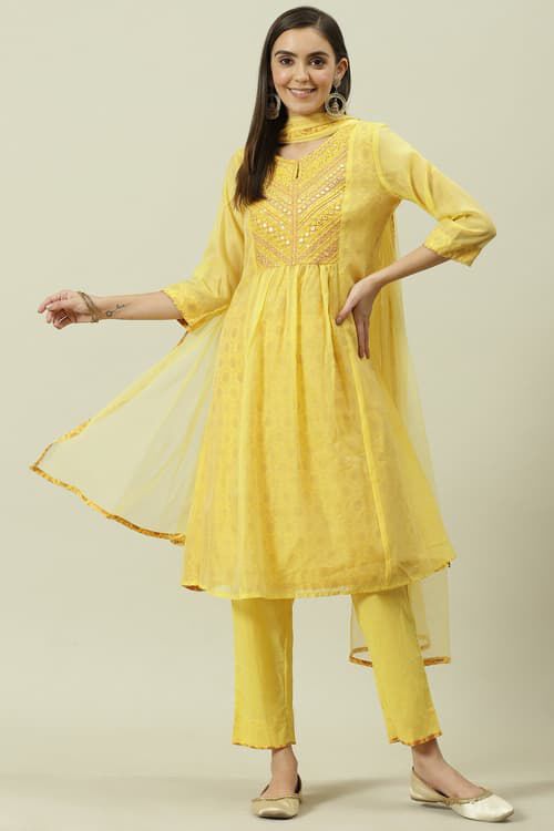 Yellow Cotton Blend Kalidar Kurta Pants Suit Set image number 0