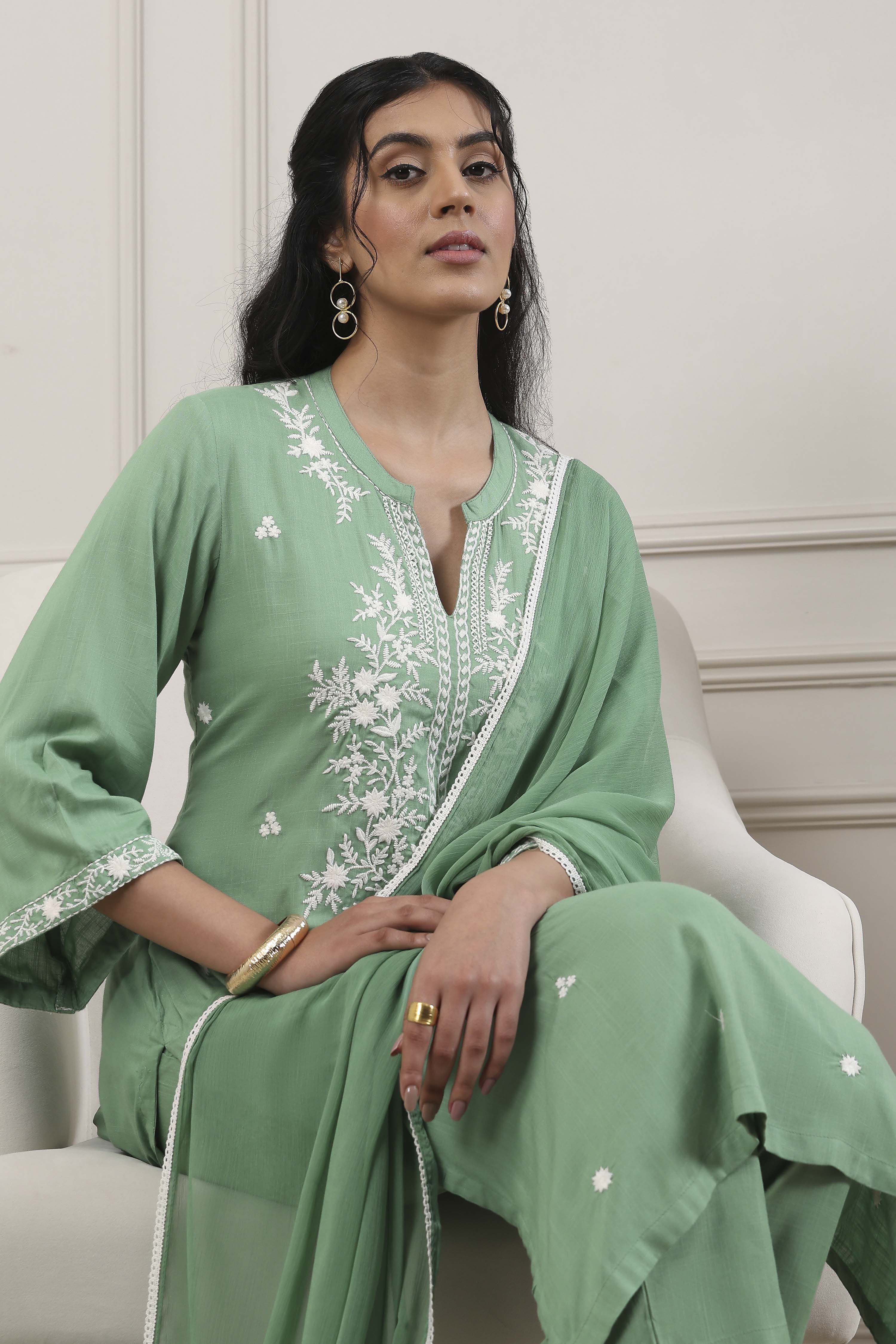 Green Viscose Rayon Straight Suit Set image number 7