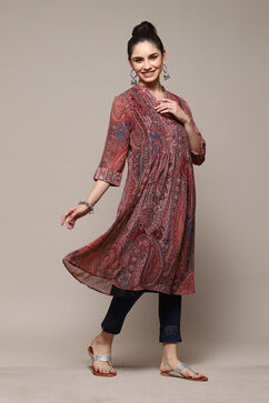 Red & Blue Polyester Straight Printed Kurta image number 5