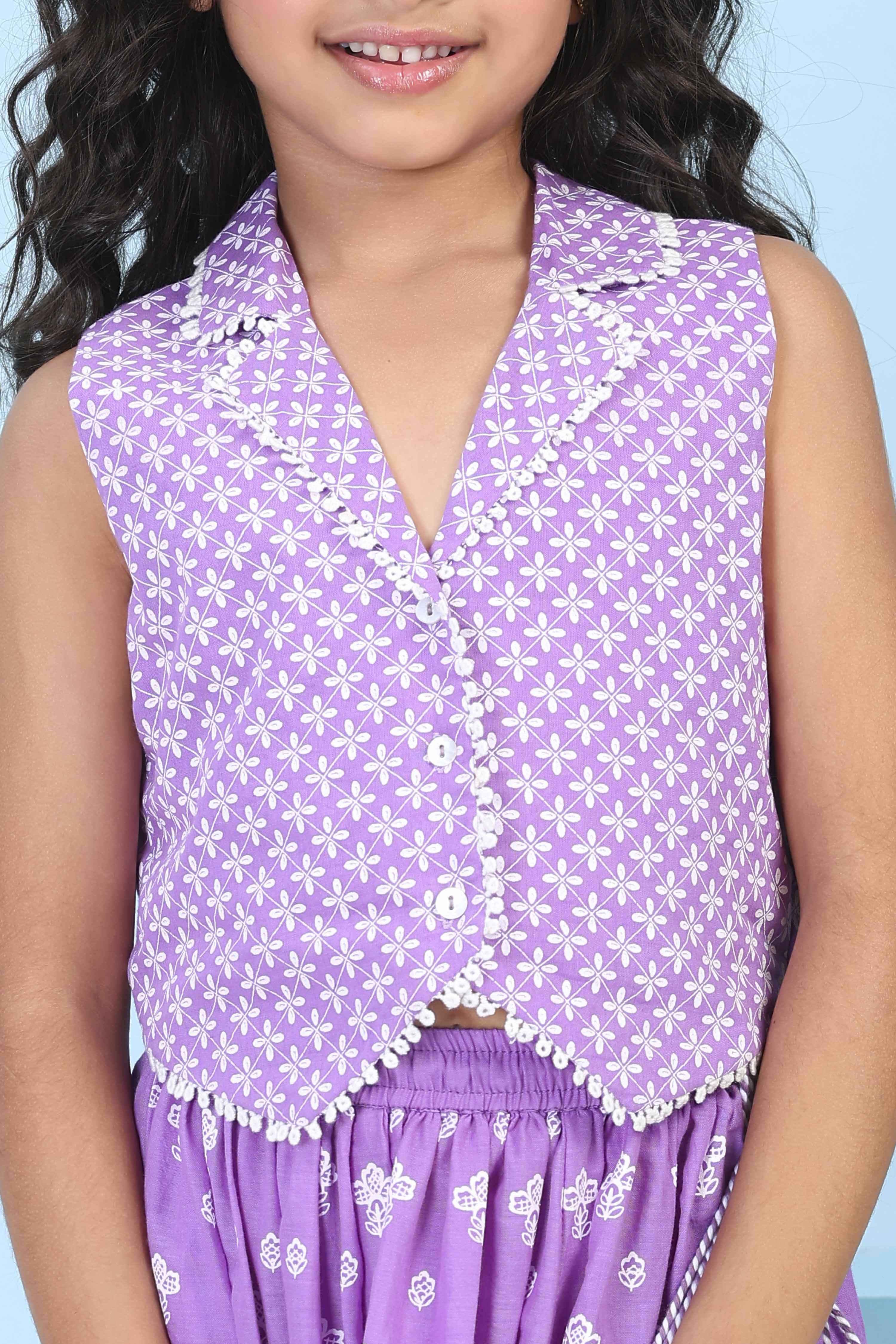 Purple Cotton Printed Straight Lehenga Set image number 1