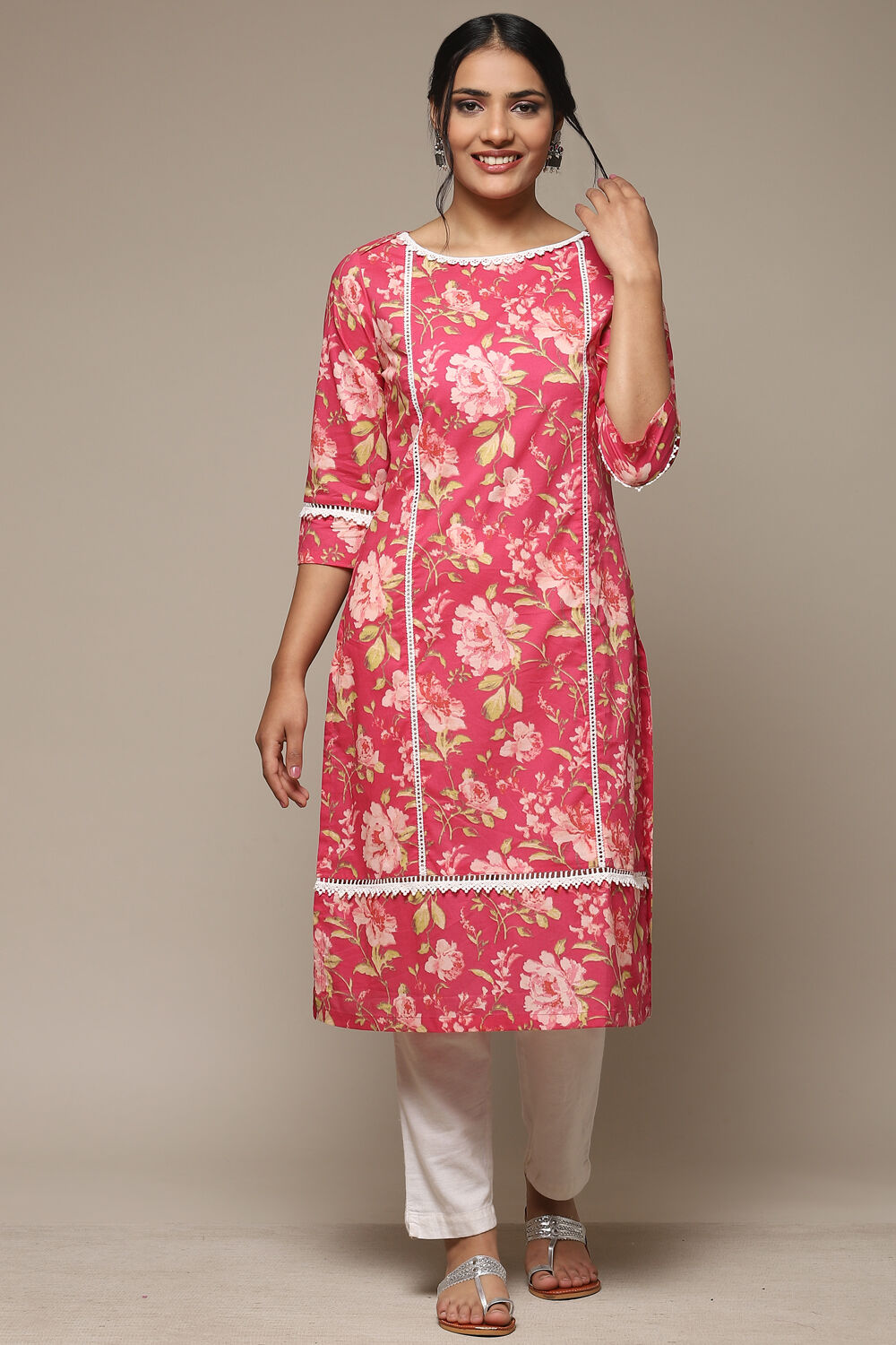 Pink Cotton Straight Printed Kurta image number 5