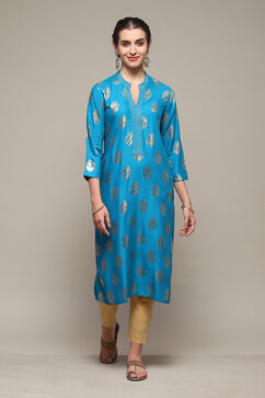 Blue Rayon Straight Printed Kurta image number 0