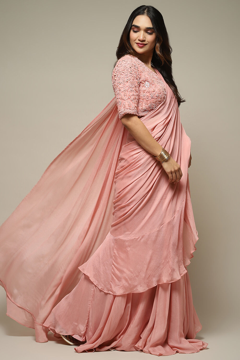 Dusty Pink Pre-Draped Nylon Saree With A Stitched Blouse image number 5