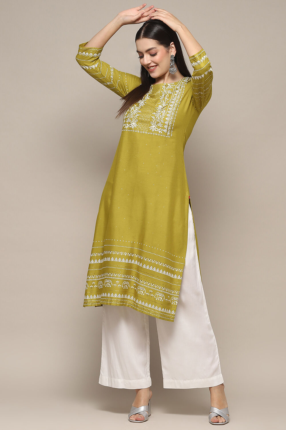Lime Green Rayon flax Relaxed Kurta Palazzo Suit Set