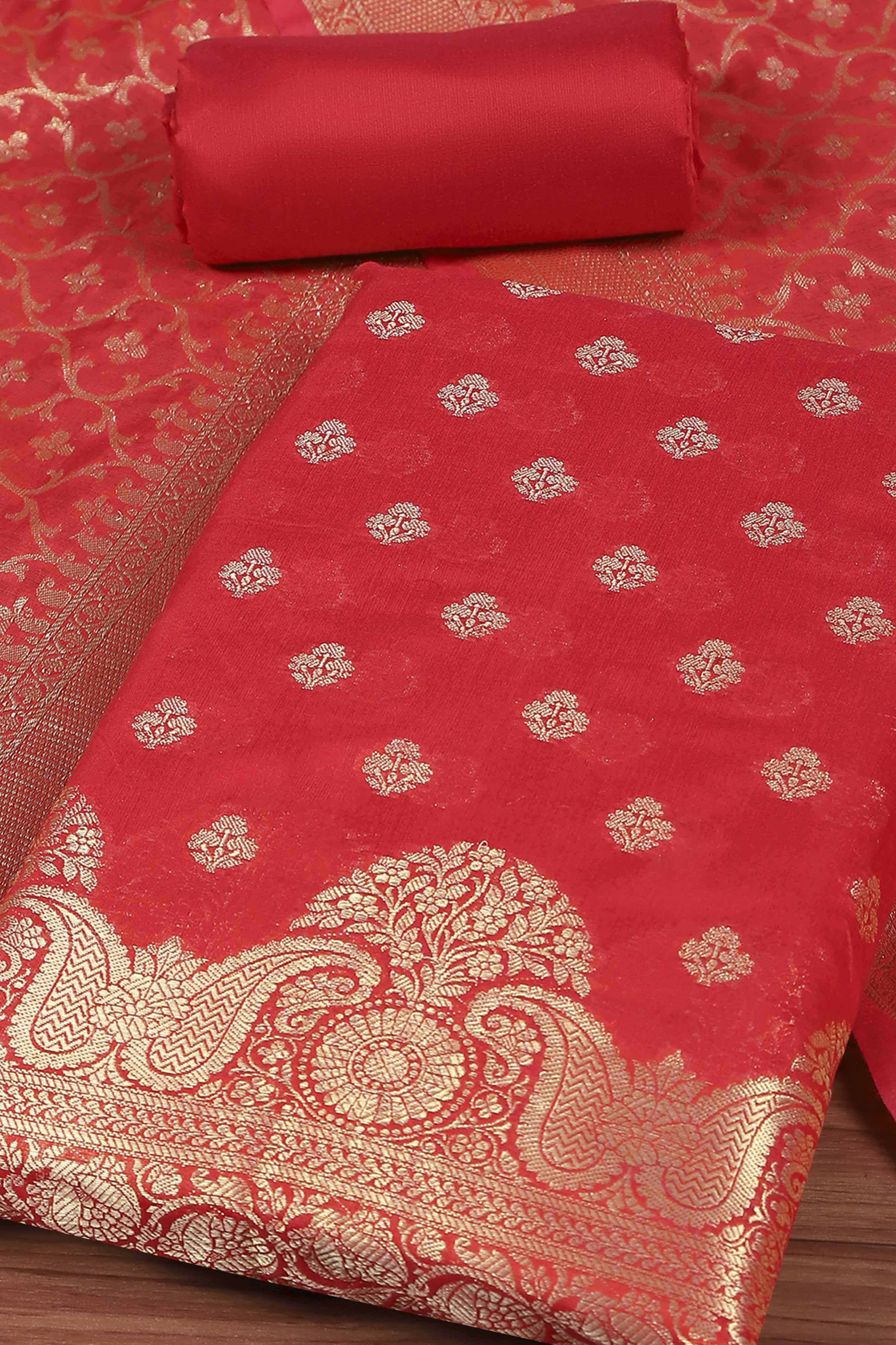 Pink Cotton Printed Embroidered Unstitched Suit Set image number 1