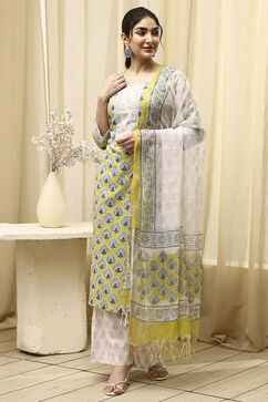 Lime Green Cotton Hand Block Print Unstitched Suit Set image number 1
