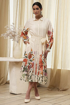 Beige Cotton Floral Shirt-Style Flared Dress image number 5