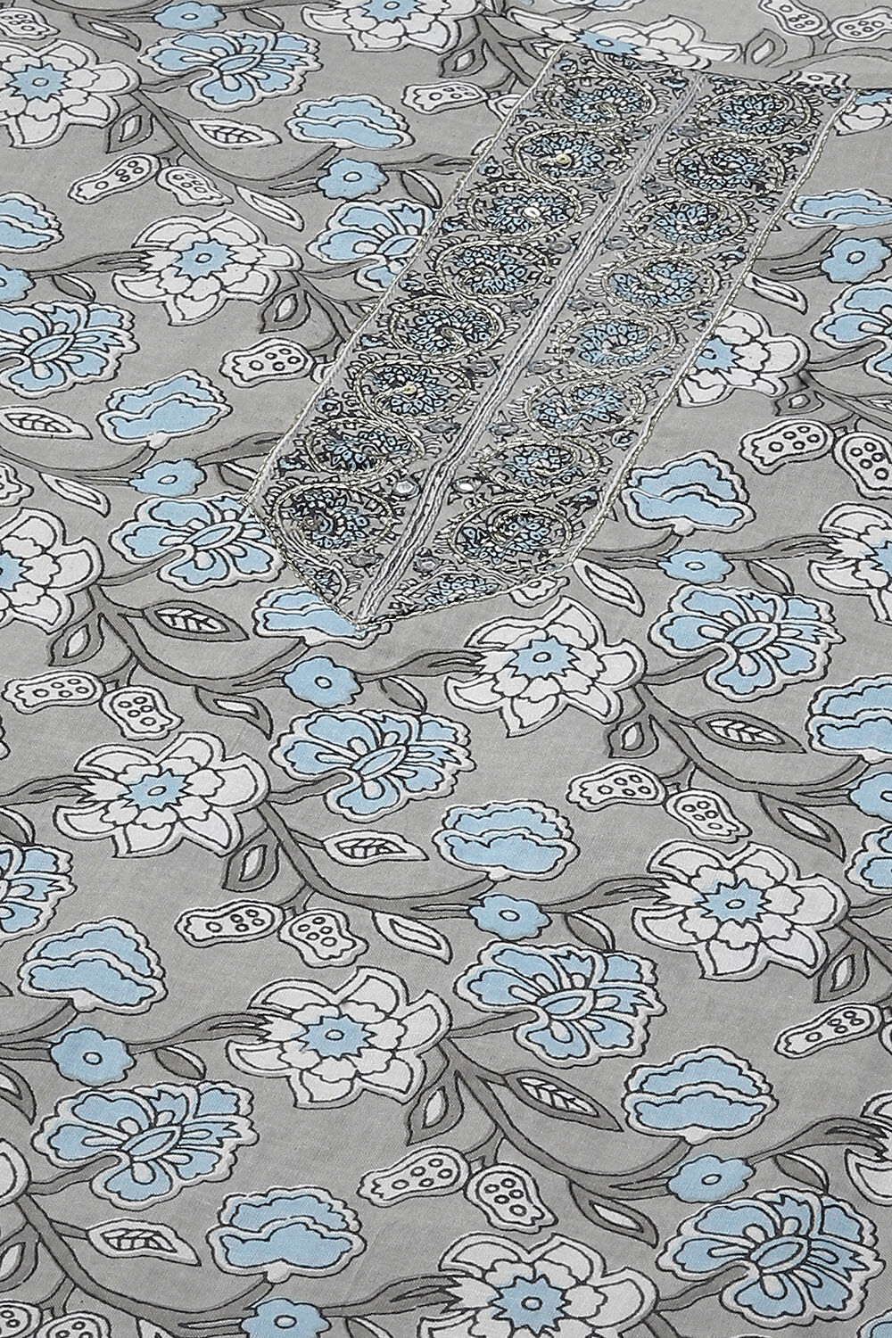 Grey Cotton Hand Block Print Unstitched Suit Set image number 15