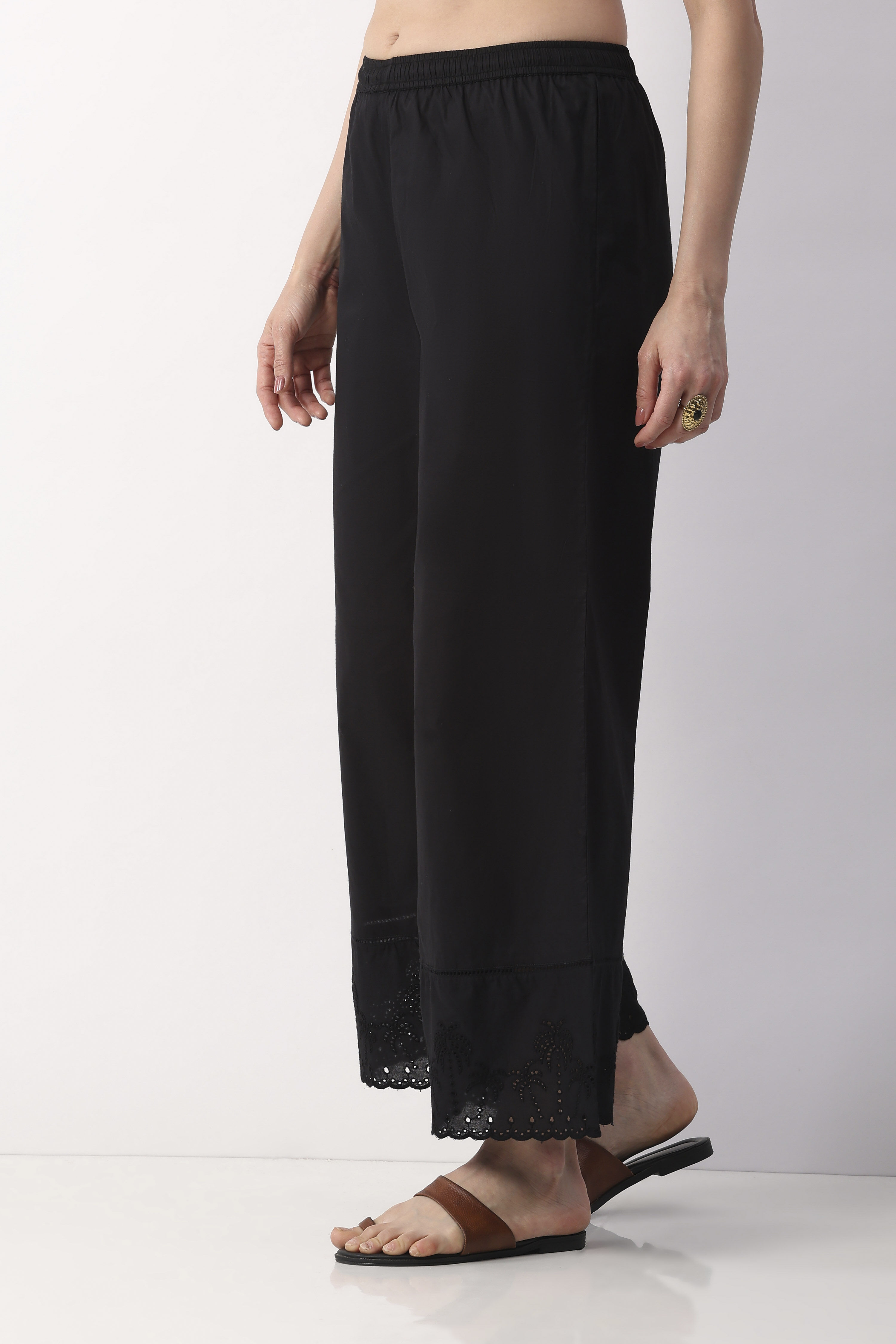 Black Cotton Flared Dyed Palazzos image number 4